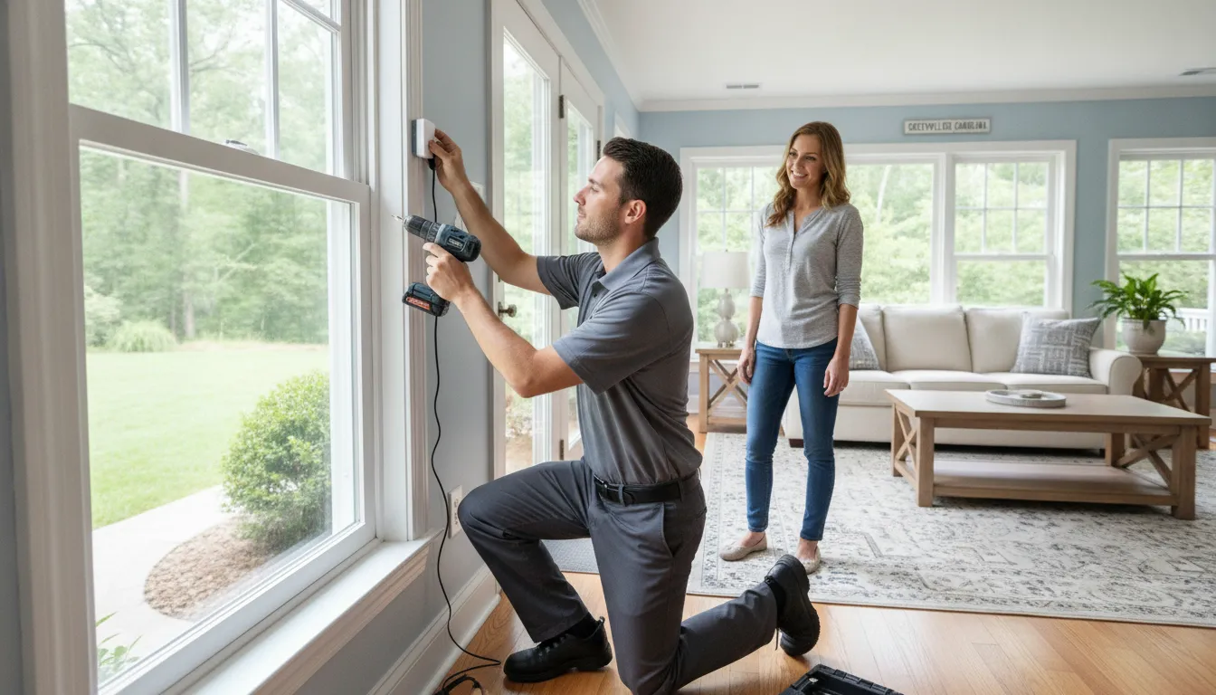Professional installing a no contract home security system in a Greenville home
