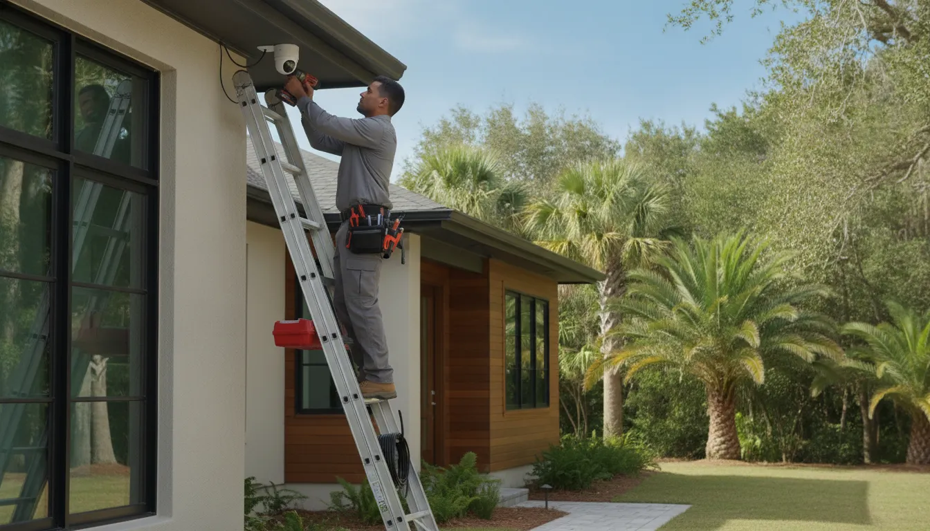 Professional home security camera installation on a residential exterior