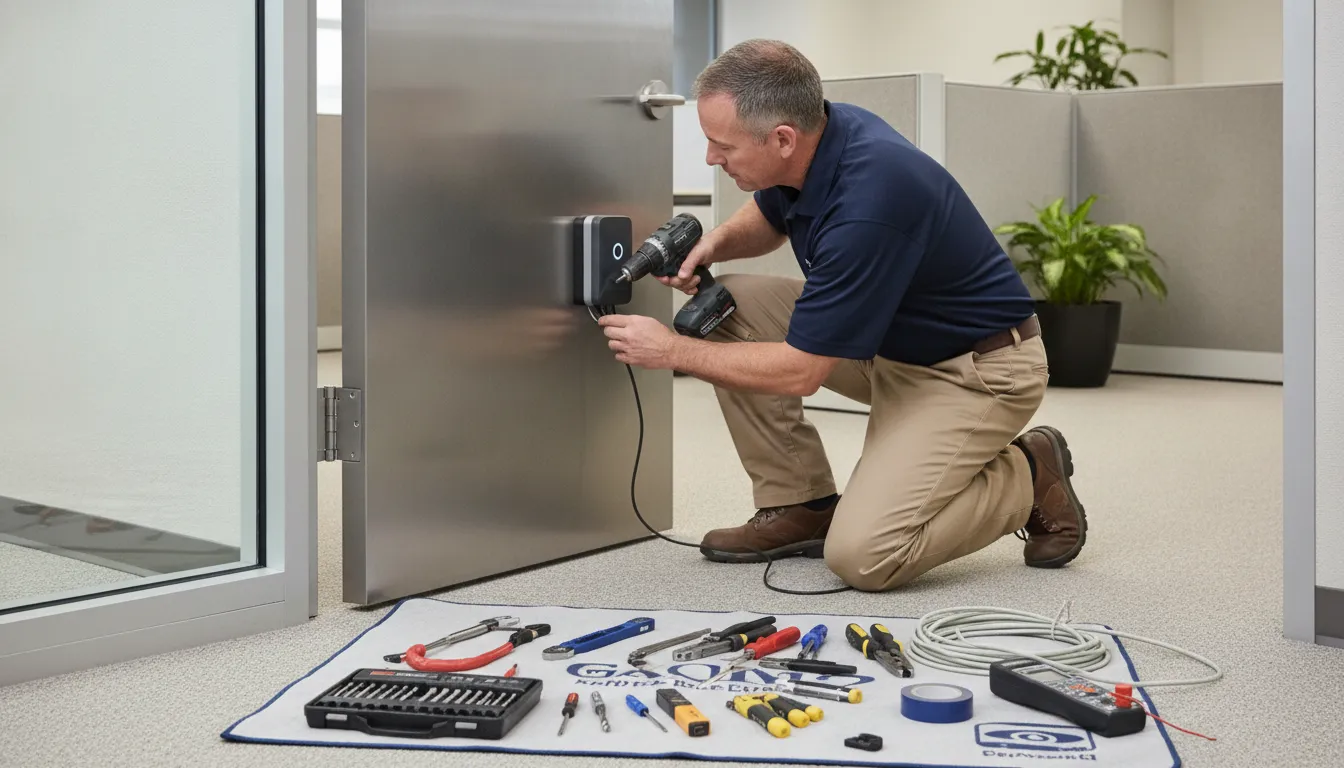 Security technician installing a commercial key card reader