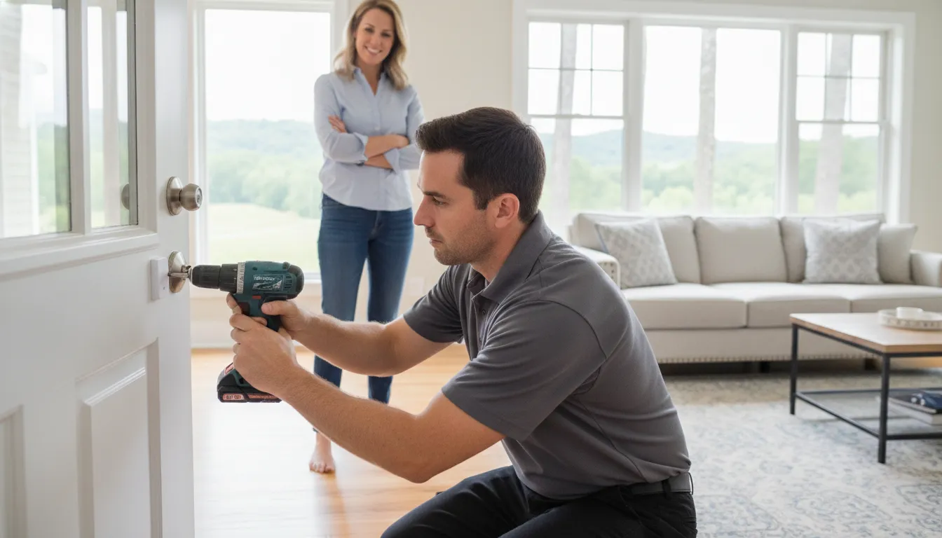 Technician completing professional home security installation and sensor testing