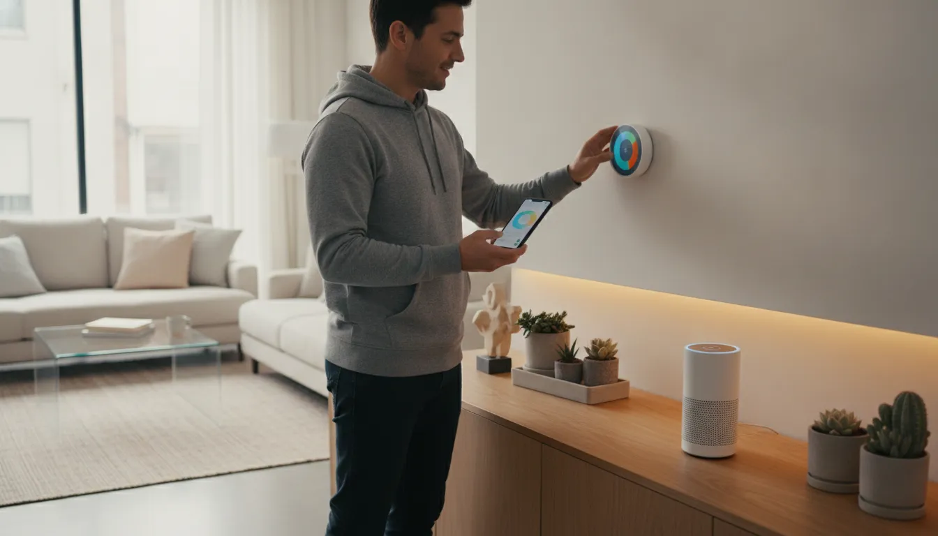 Person adjusting a smart thermostat while checking a home automation app in a modern living room