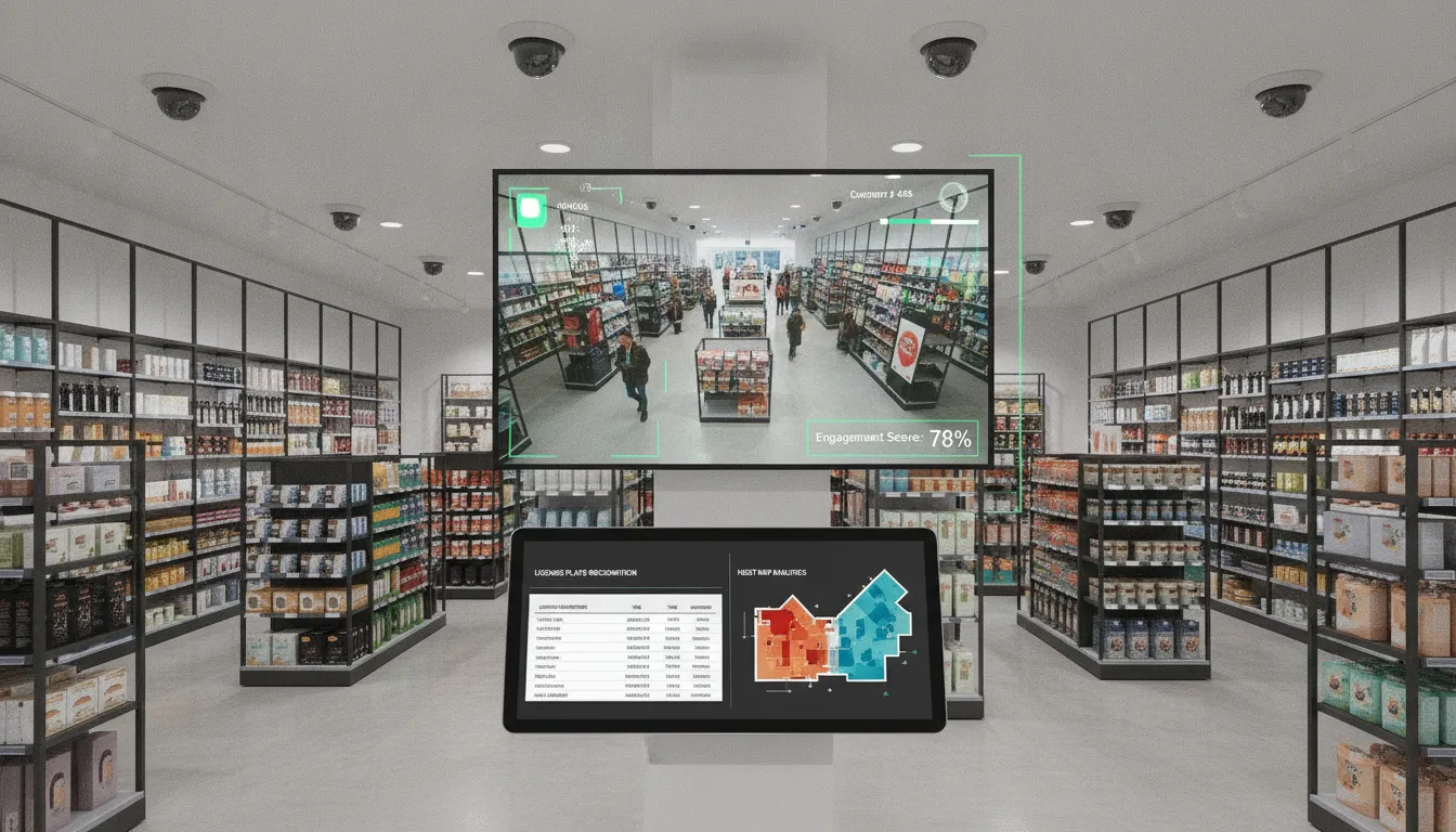 Retail security monitoring station showing license plate recognition data and AI video analytics dashboard
