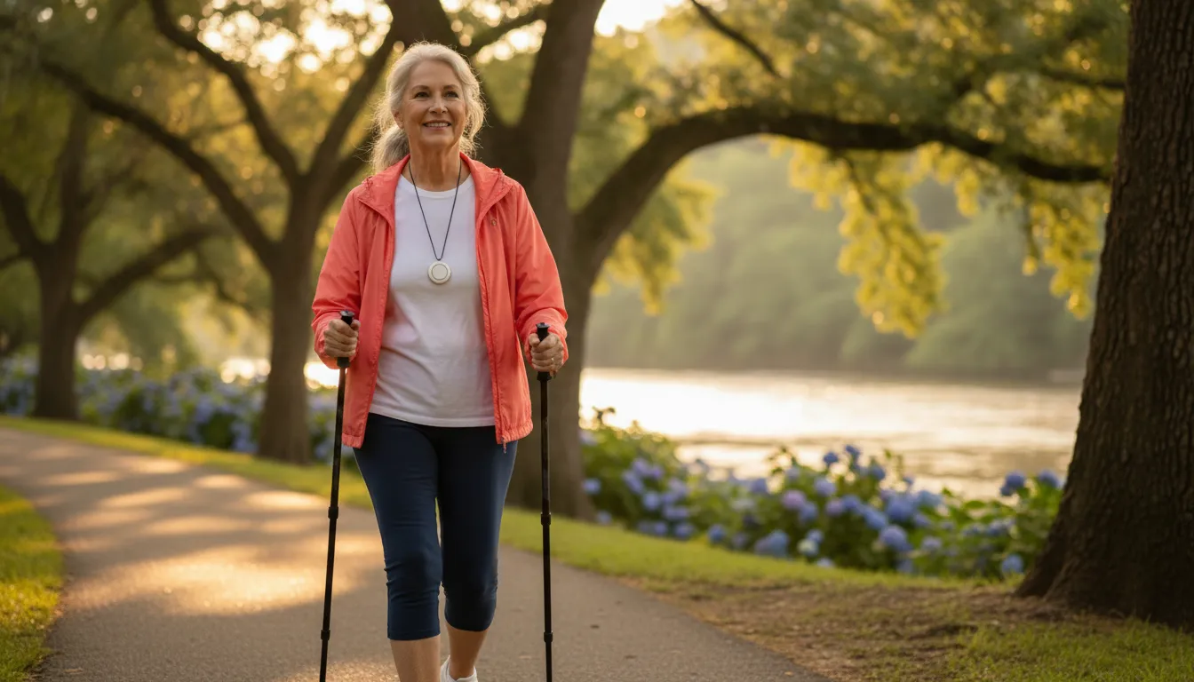 Active senior wearing a mobile medical alert pendant outdoors in Greenville South Carolina