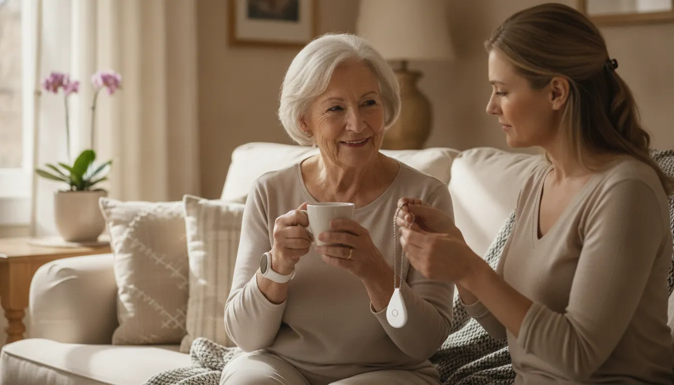 Senior comparing a wrist medical alert bracelet with a neck pendant at home