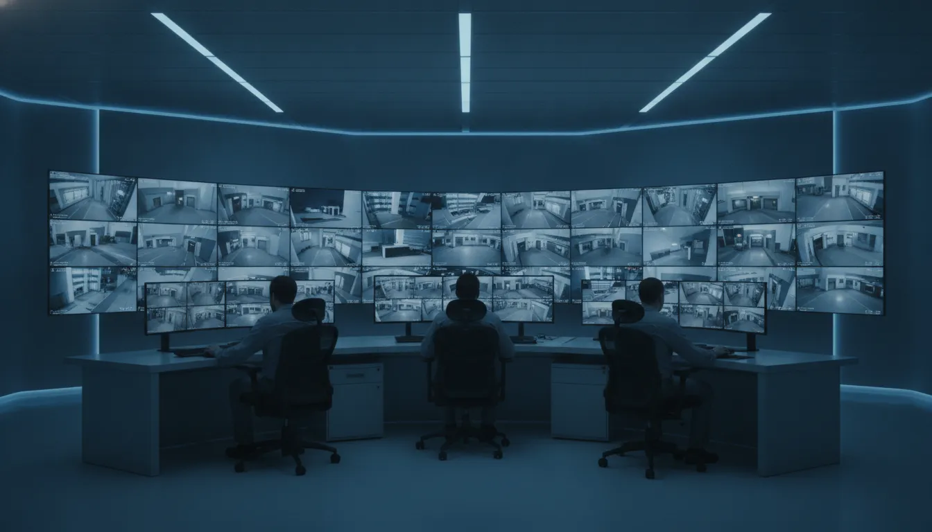 Professional security monitoring center with live commercial camera feeds displayed on large screens