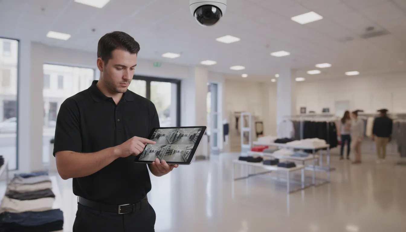 Security technician reviewing commercial camera placement on a tablet in a retail lobby