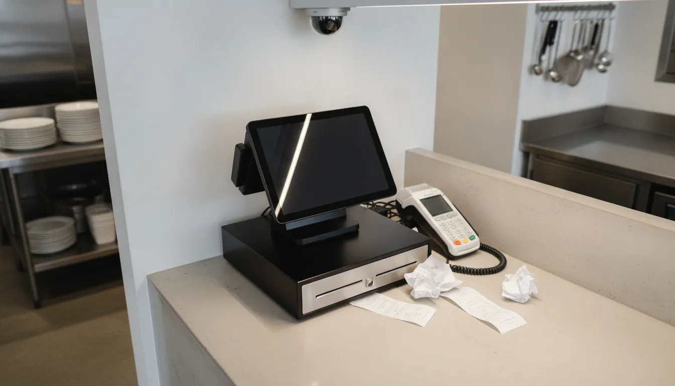 Restaurant point-of-sale counter with security camera monitoring the register and transaction area