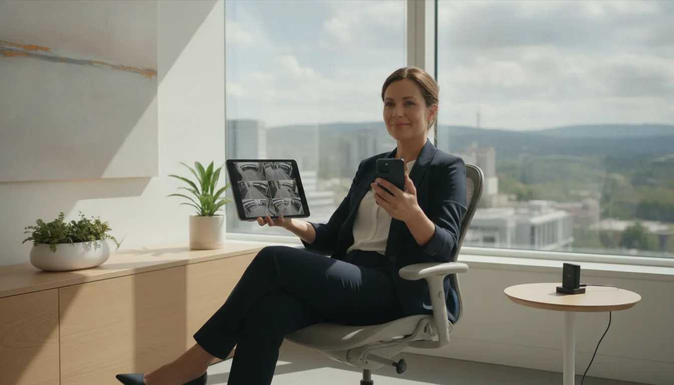 Business owner reviewing live security camera feeds on a tablet in a modern office