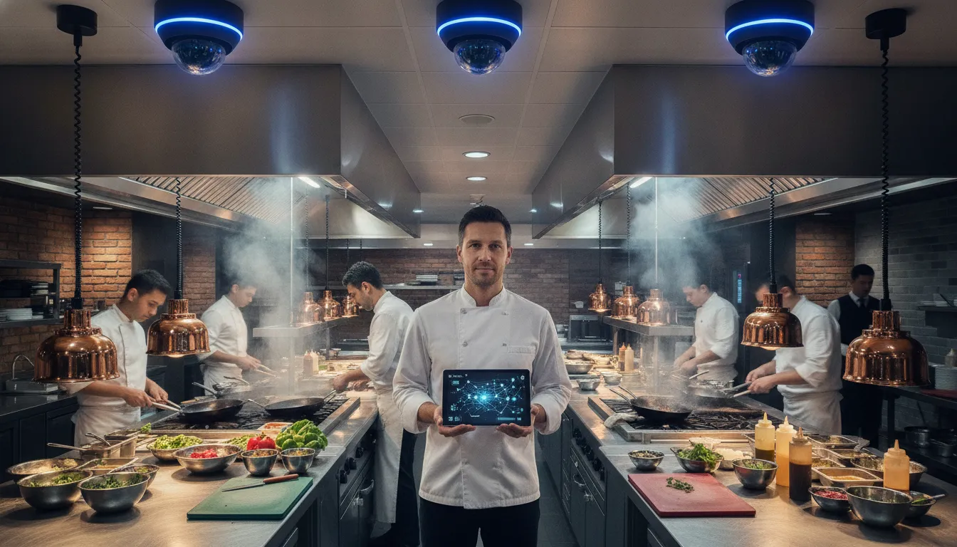 Commercial kitchen with ceiling-mounted security cameras and manager reviewing AI analytics on a tablet