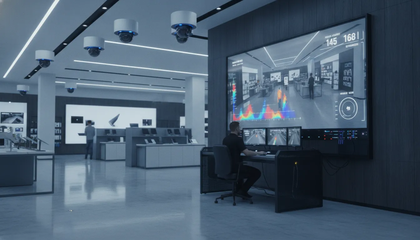 Retail store interior with AI security cameras and analytics dashboard displaying heat maps and traffic data