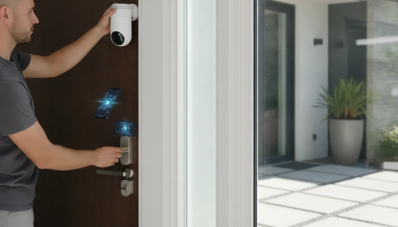 Homeowner setting up a smart security camera and smart lock at the front door