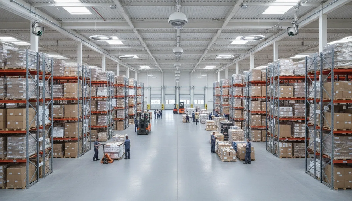 Commercial security cameras mounted high on warehouse ceilings overlooking aisles and loading areas