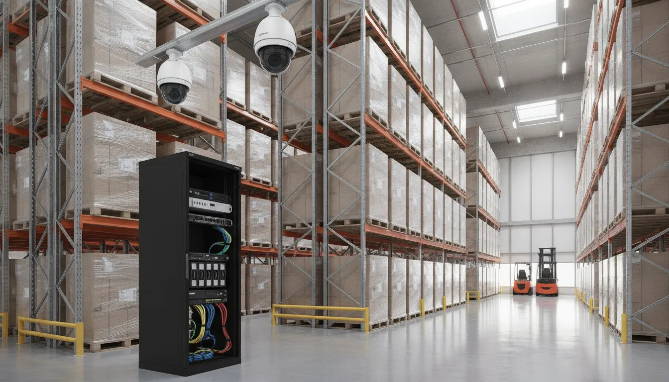 Modern warehouse interior with security dome cameras mounted along the ceiling and a network recorder rack