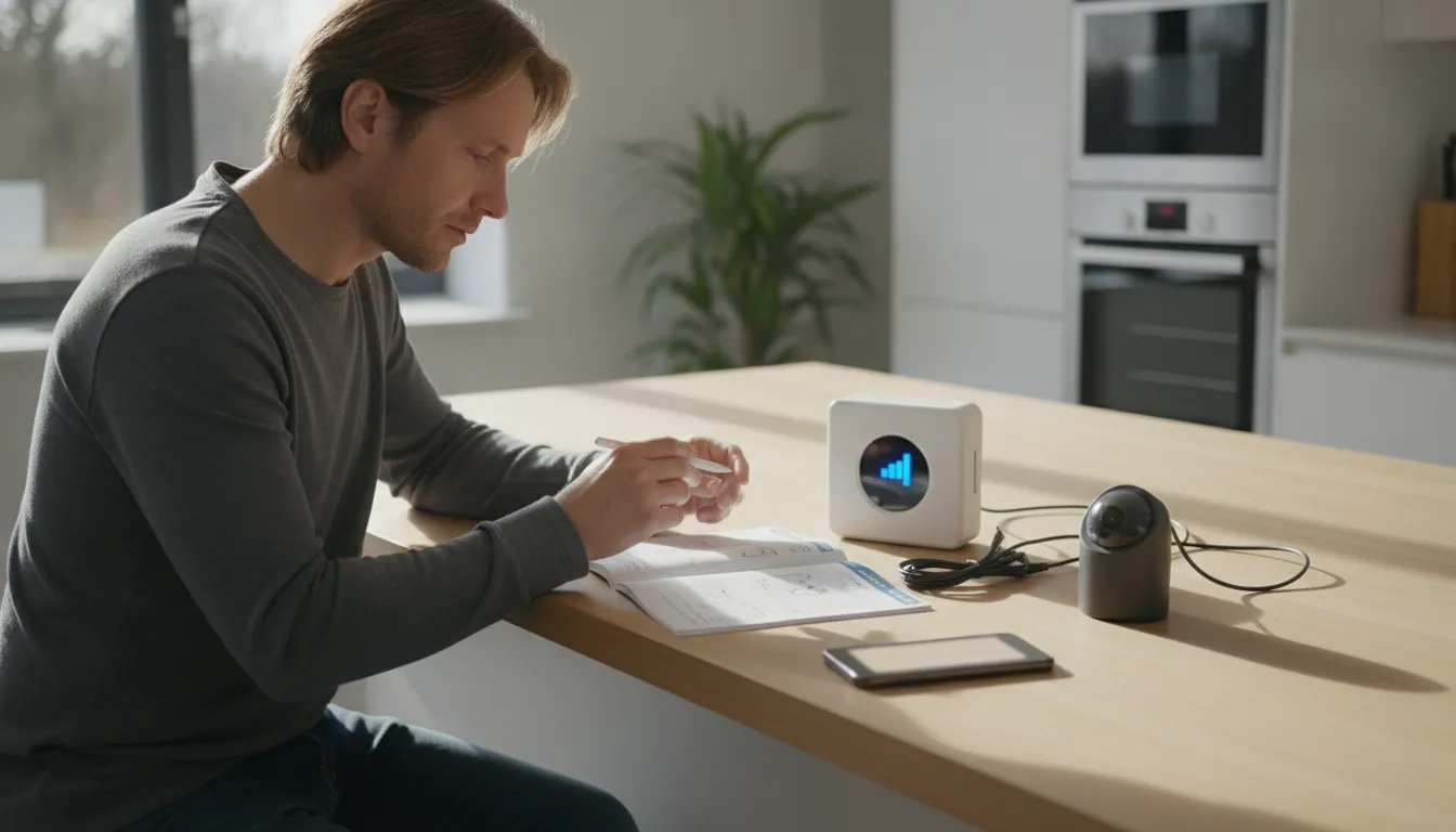 Wireless driveway alarm motion sensor kit on a kitchen table