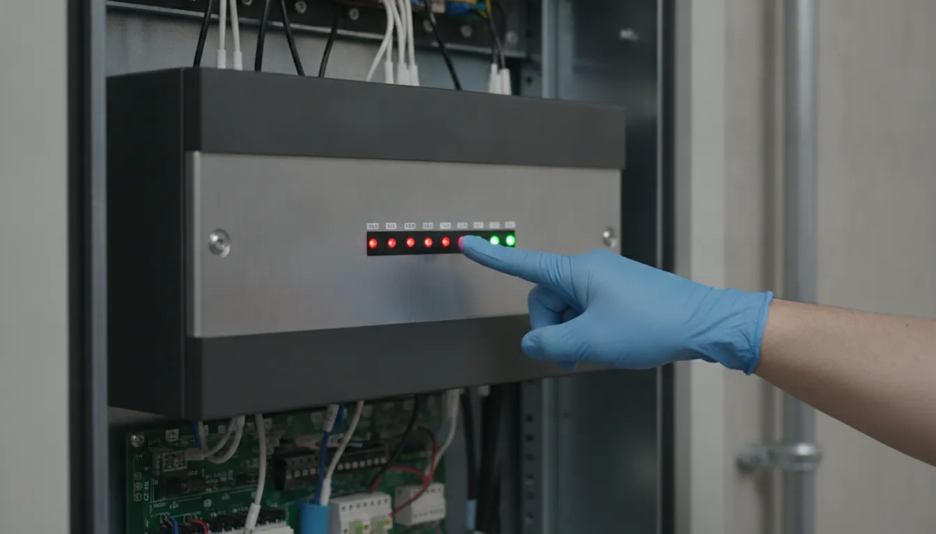 Technician inspecting a commercial fire alarm control panel with indicator lights