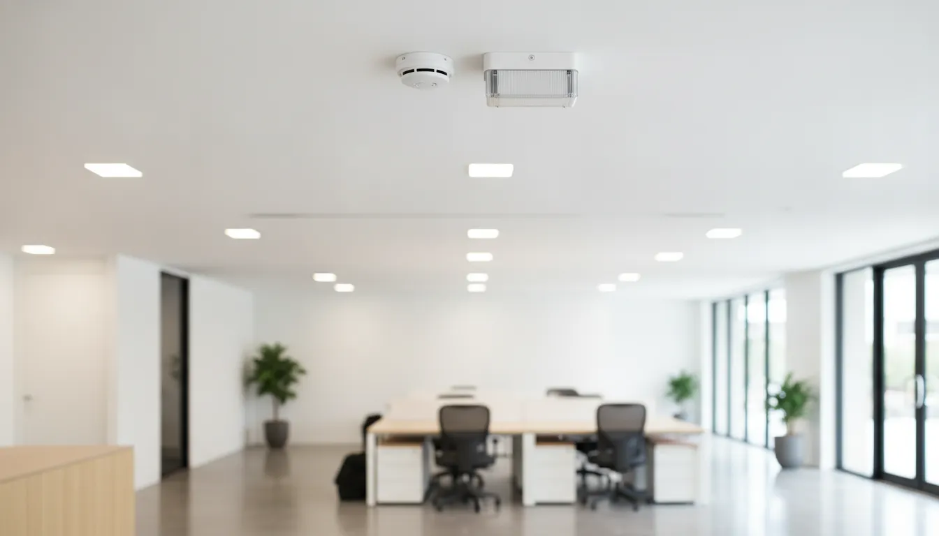 Smoke detector and fire notification strobe mounted on a commercial office ceiling