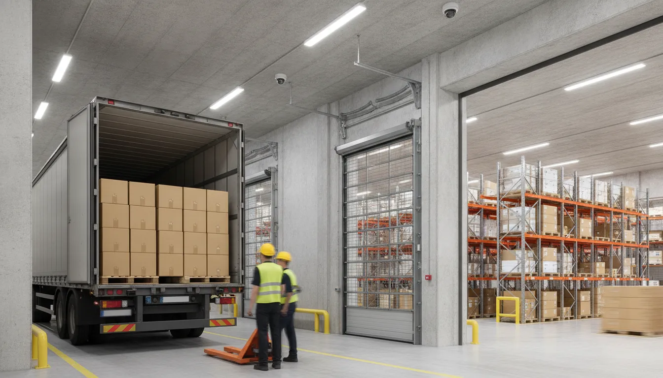 Dome surveillance cameras and a security gate at a commercial warehouse loading dock