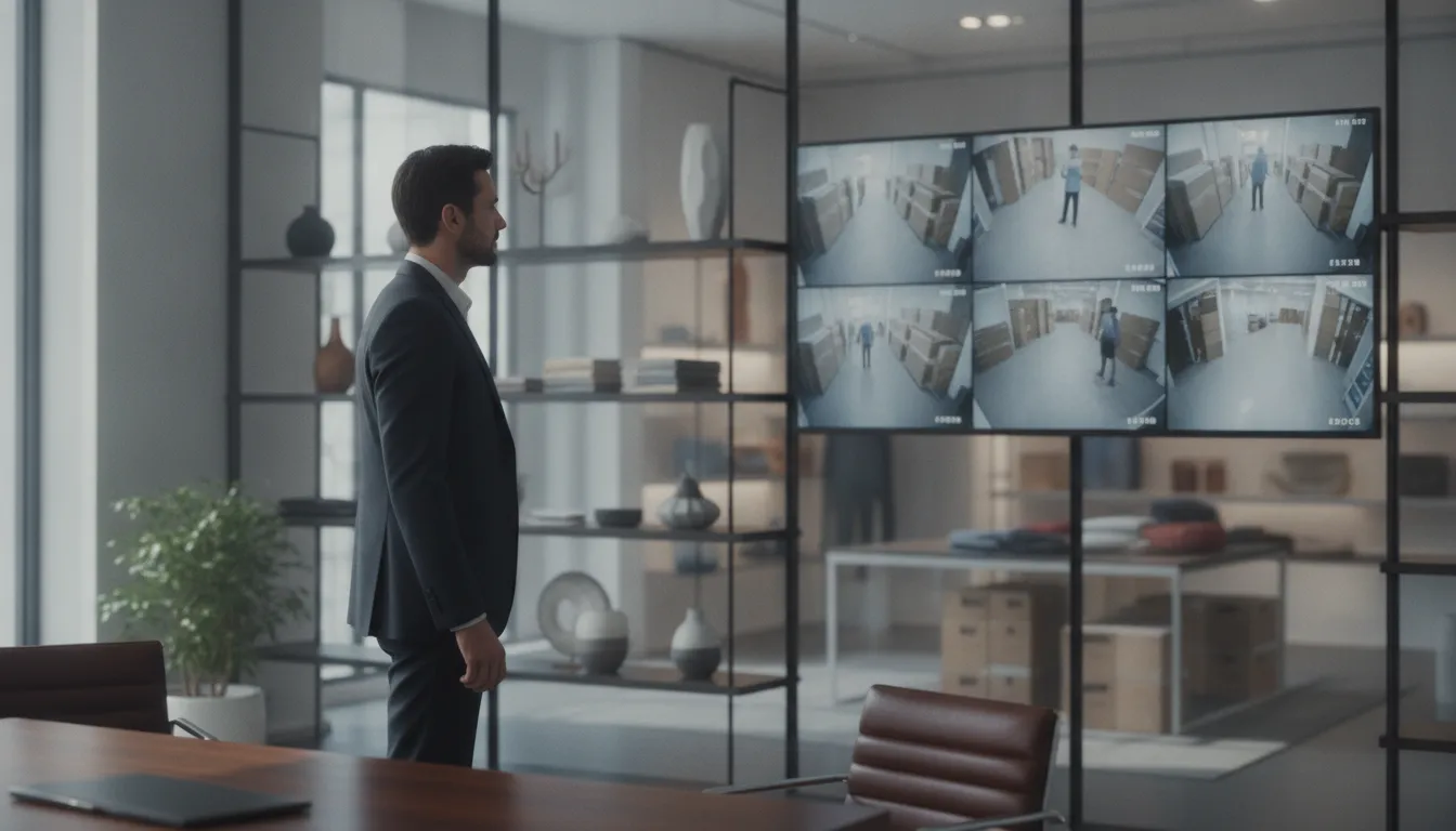 A business owner reviewing a security monitoring display in a modern office