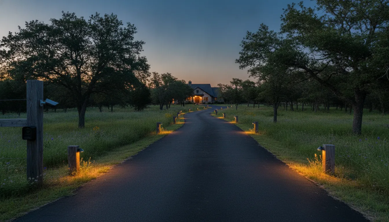 Long paved driveway with a motion sensor and security camera at twilight