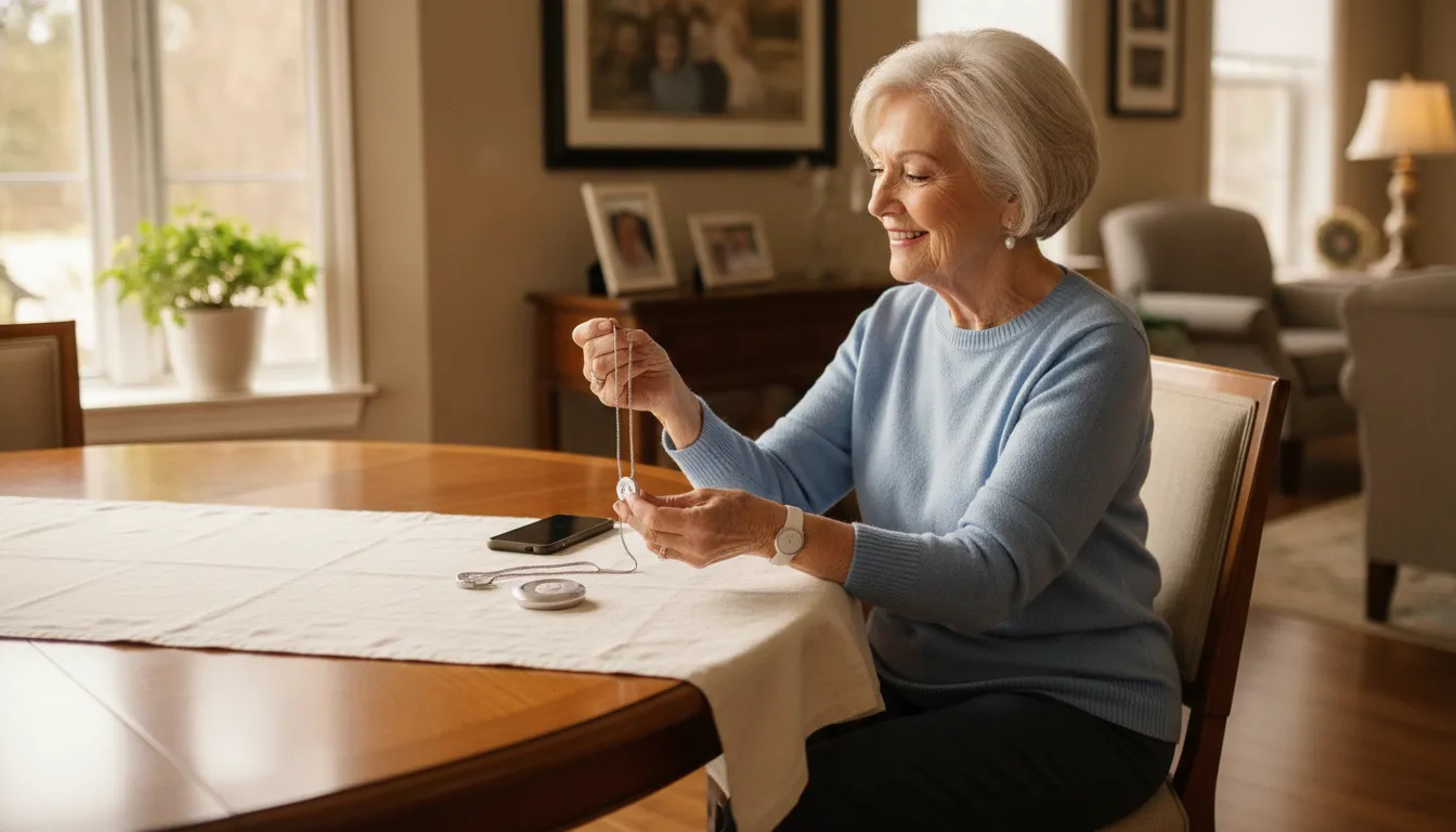 Older adult reviewing a medical alert wearable checklist with a family member