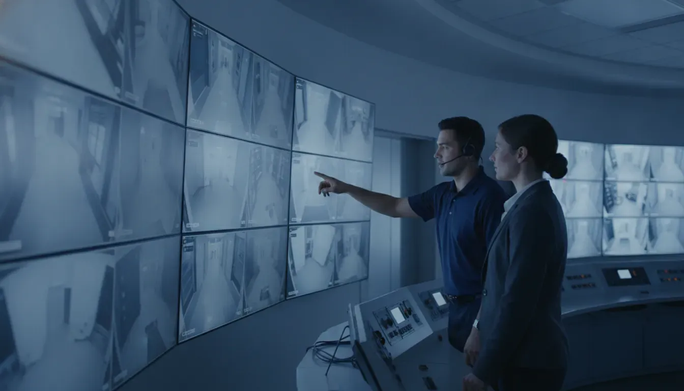 Technician reviewing live surveillance camera feeds for a commercial security system