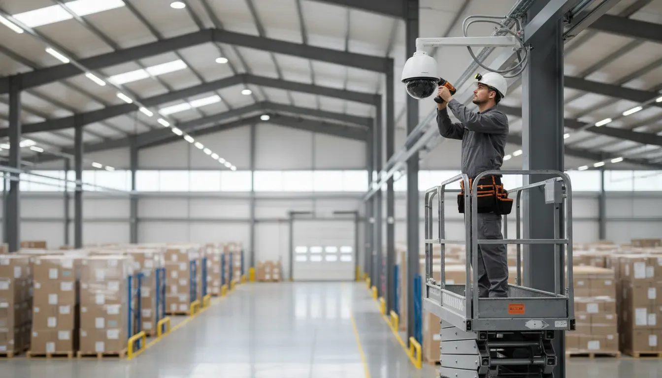 Technician mounting a commercial security camera for a business surveillance system
