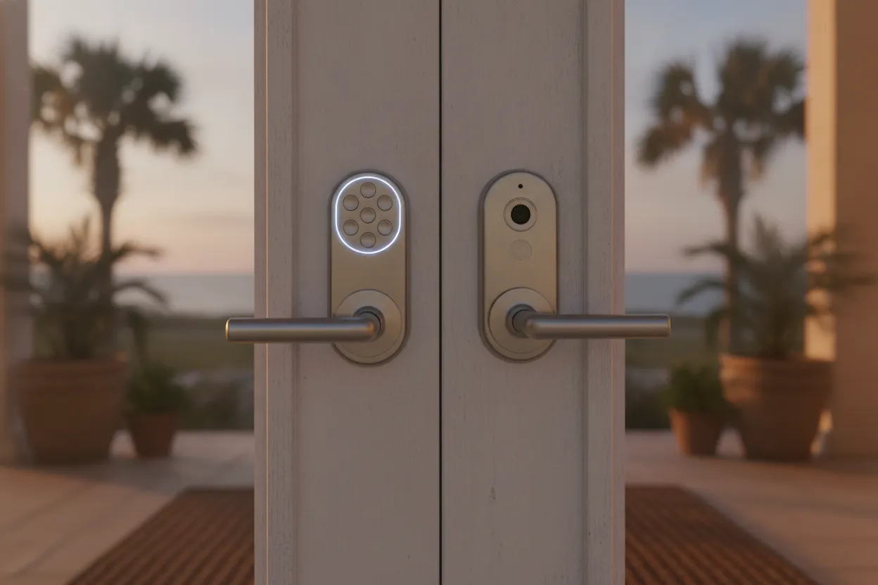 Smart lock and automated lighting supporting a monitored vacation home