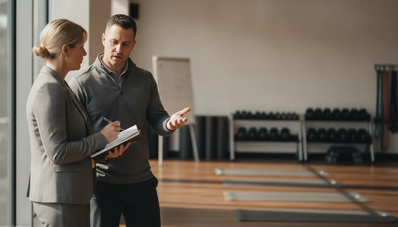 Fitness studio manager discussing monthly close and staffing decisions with an accounting advisor