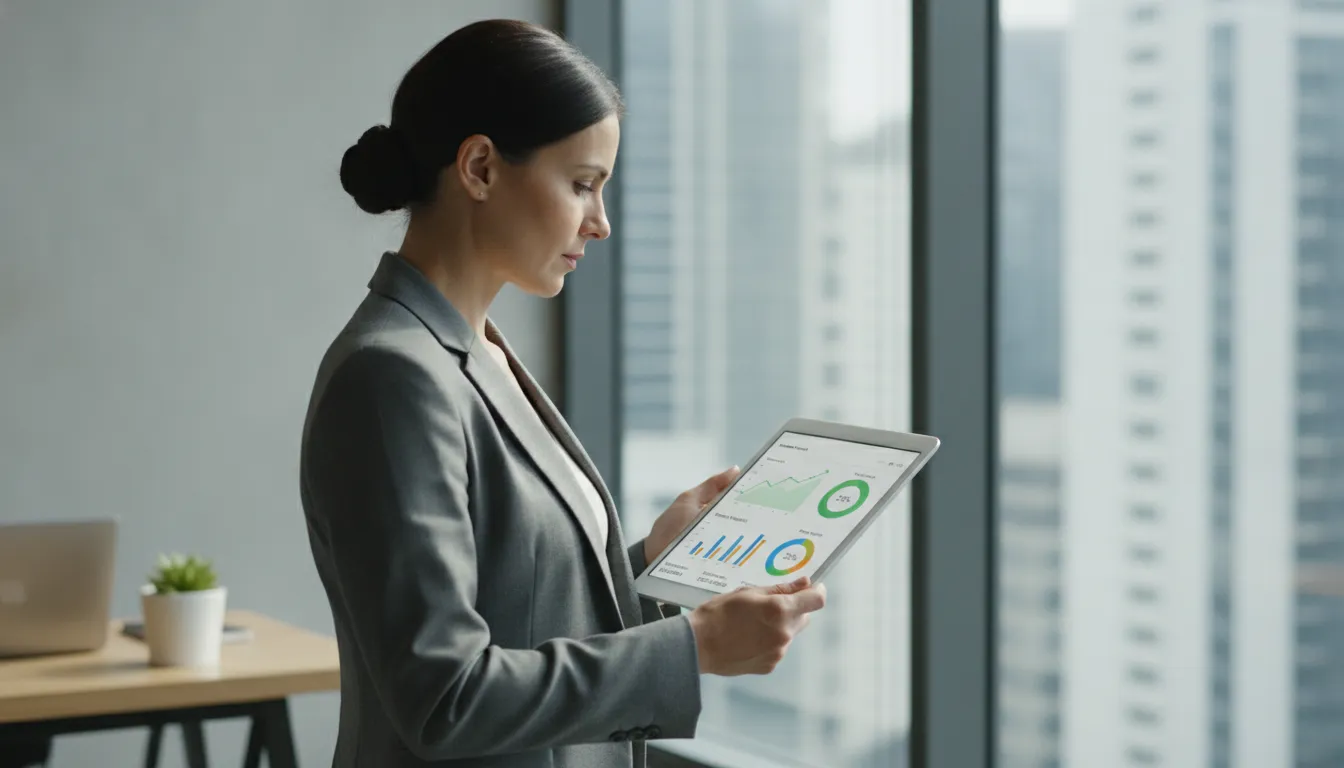 Business owner reviewing financial dashboard on a tablet with charts and performance metrics