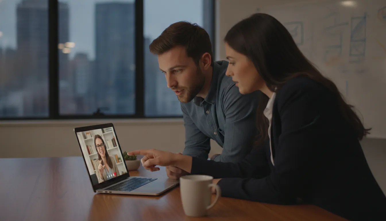 Two business owners comparing financial data on a laptop with a remote bookkeeping team on a video call in a modern office