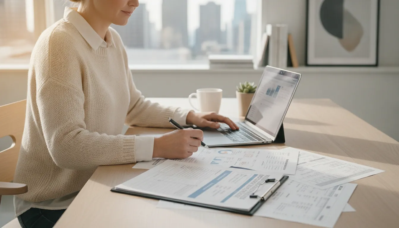 Business owner reviewing financial documents and a monthly bookkeeping close checklist at a modern desk