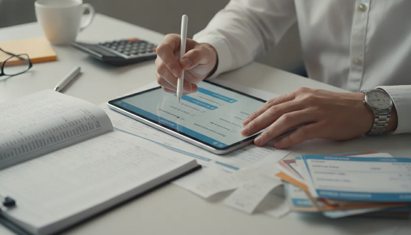 Accountant reconciling bank statements and credit card records using a checklist on a tablet