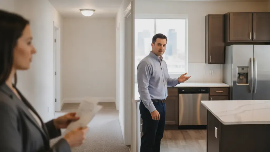 Property manager and bookkeeper reviewing rental property maintenance and improvement work