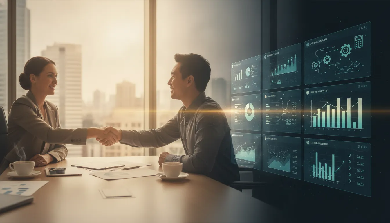Professional split-view showing a human accountant meeting with a business owner contrasted with automated software interface screens