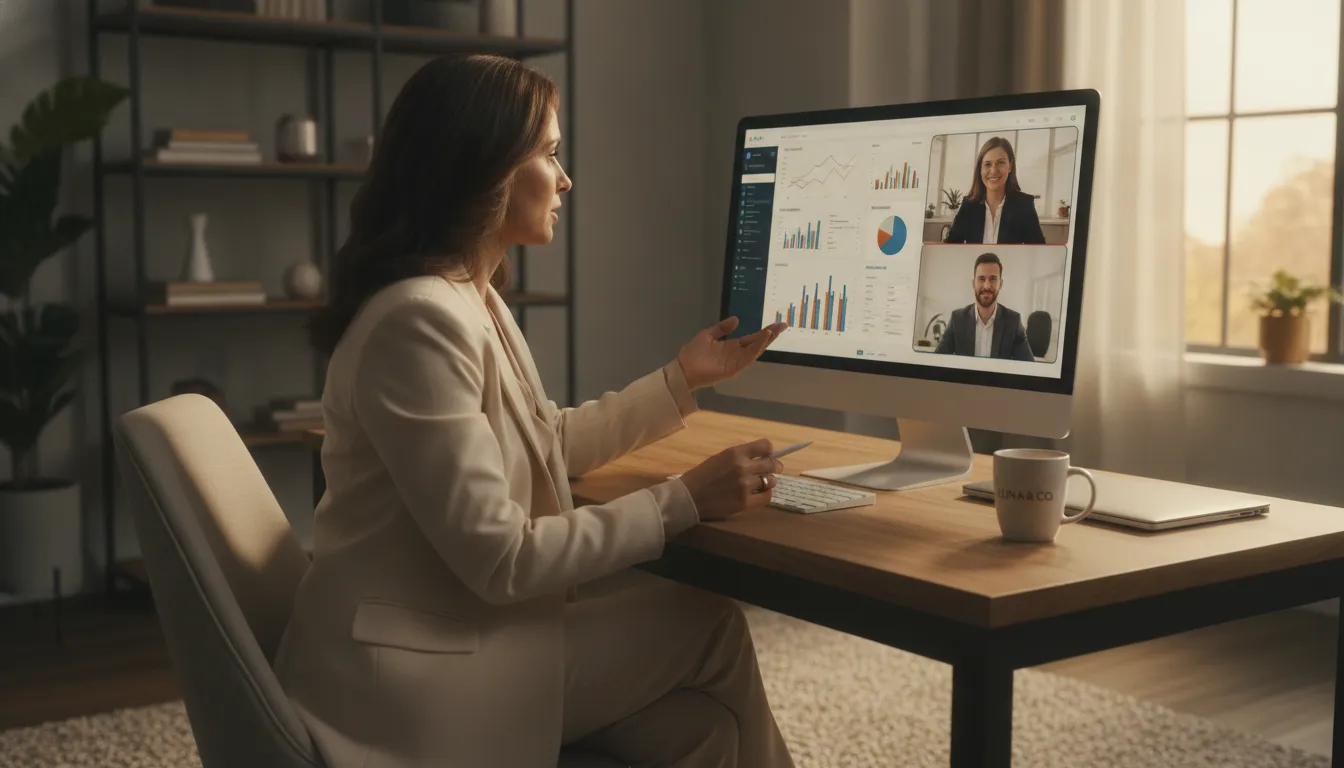 Business owner reviewing financial dashboard on a video call with their remote accounting team