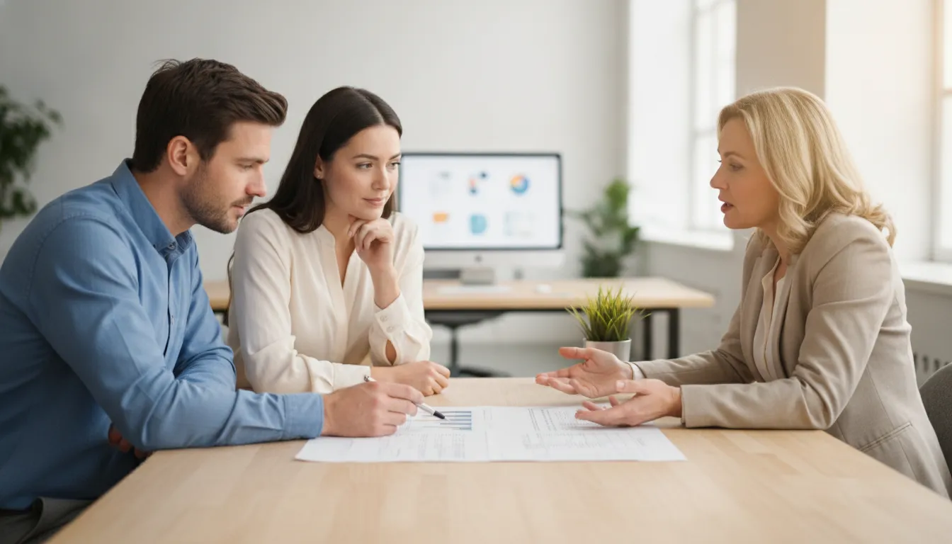Two business owners and an accounting advisor reviewing a printed monthly budget report at a modern office table