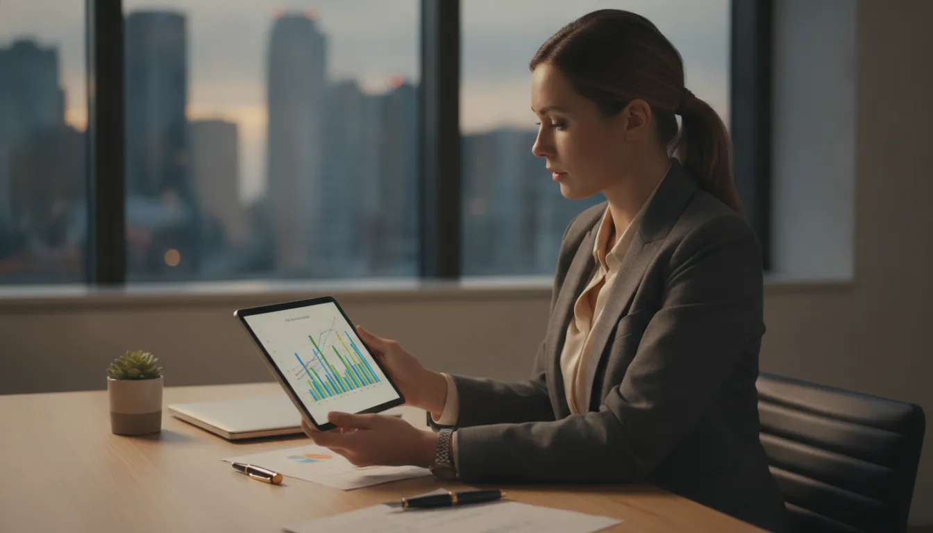 A business owner reviewing financial charts on a tablet during a strategic planning session