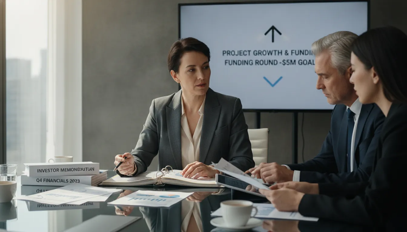 Business owners reviewing financial statements and financial data during a funding round preparation meeting