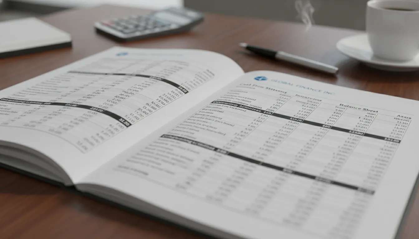 Financial report showing cash flow statement and balance sheet data on a desk