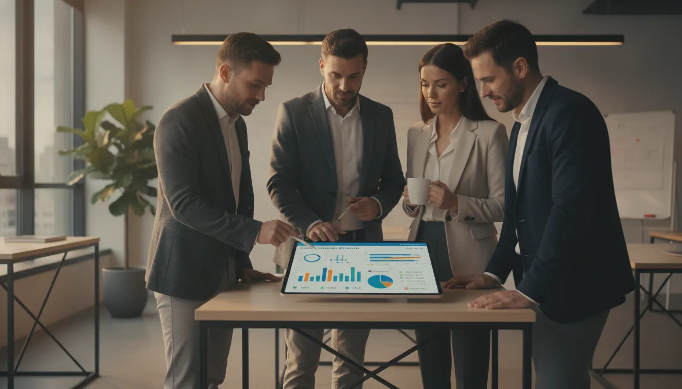 Accounting team reviewing digital financial dashboard on a tablet in a modern office