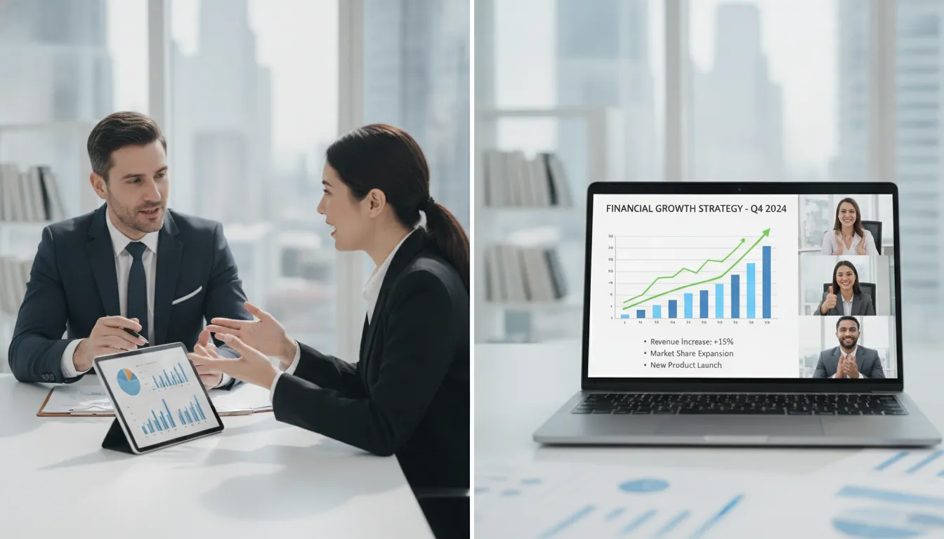 Two professionals in a virtual financial review meeting discussing monthly reports and growth strategy