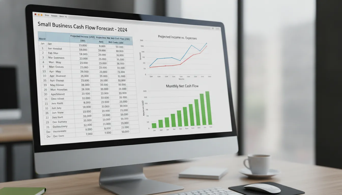Small business cash flow forecast spreadsheet showing projected income and expenses