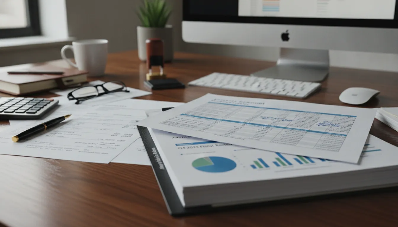 Financial documents and reports on a desk representing professional bookkeeping work