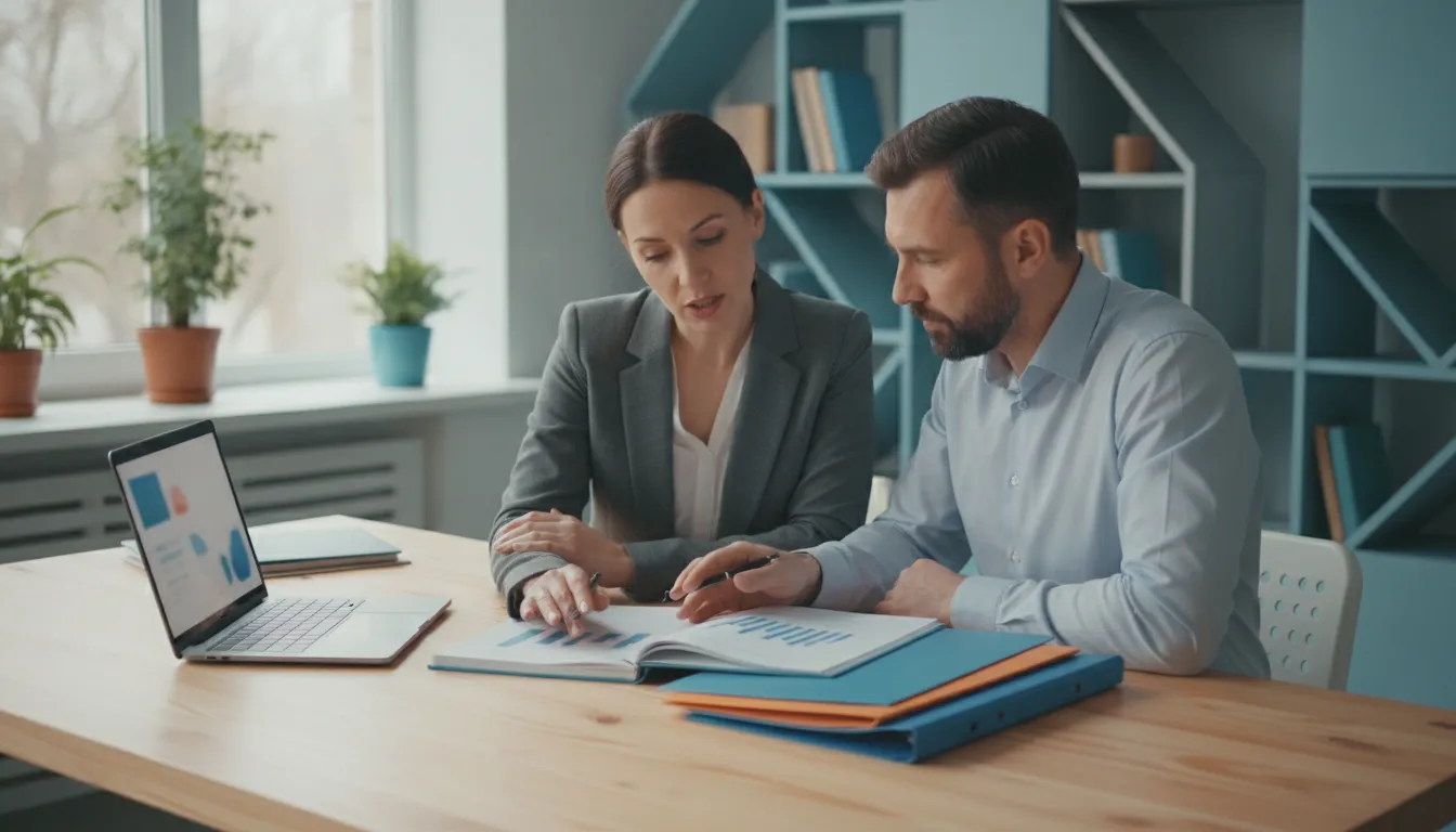 Business owner and accounting advisor reviewing profit and loss figures together