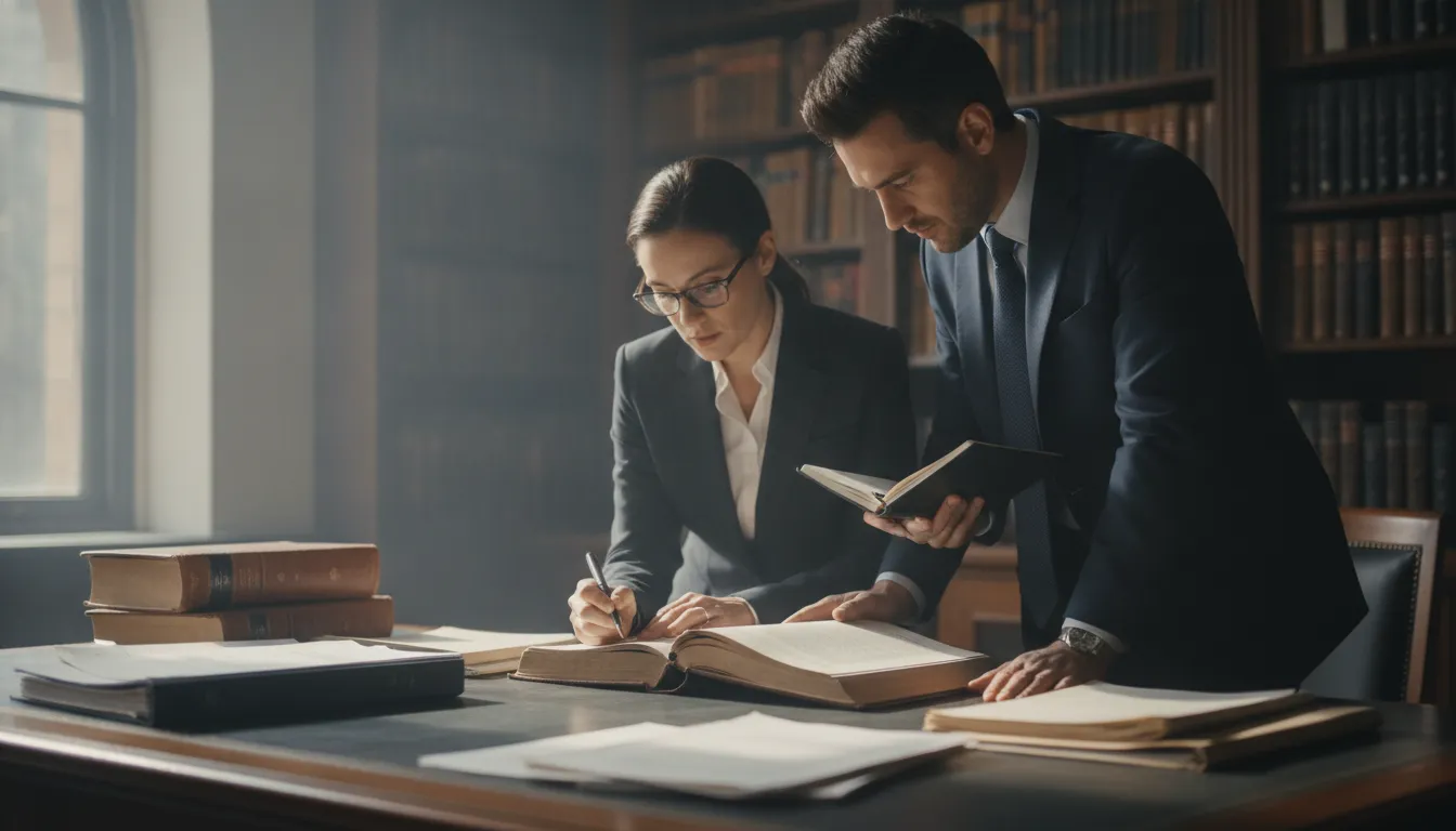 Bookkeeper and law firm partner reviewing a three-way trust account reconciliation at a desk