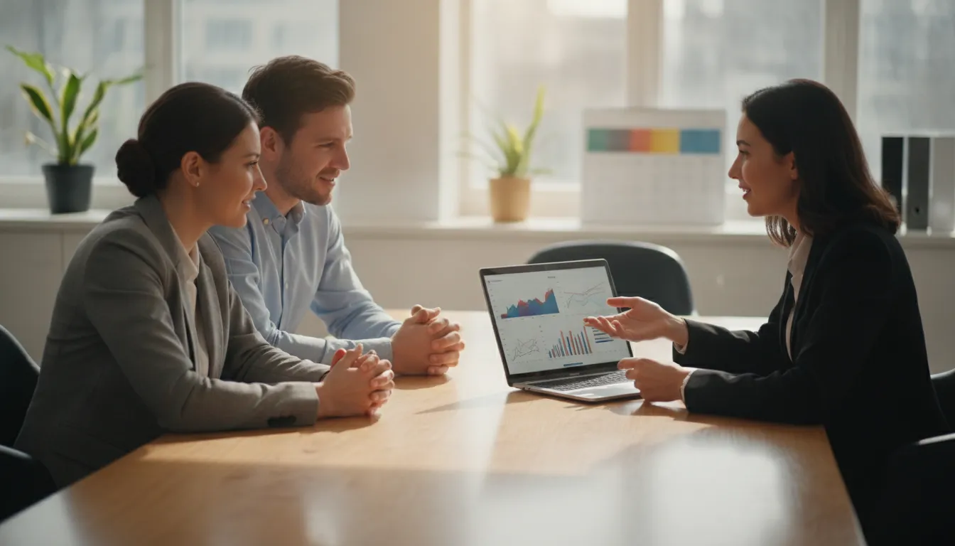 Business owners meeting with a virtual bookkeeping consultant who reviews clean financial documents
