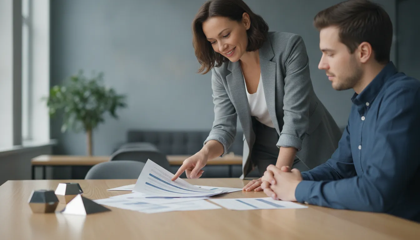 Owner and advisor discussing monthly cash flow reporting at a modern desk