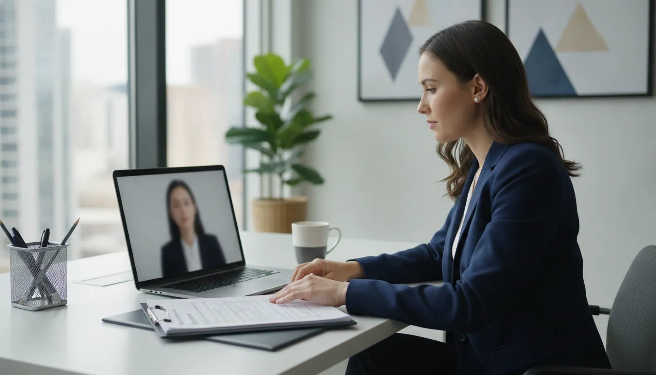 Law firm finance specialist setting up trust accounting software on a laptop with a client case folder on the desk
