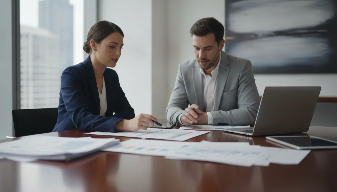 Business owner and accountant reviewing contract terms and revenue recognition schedules