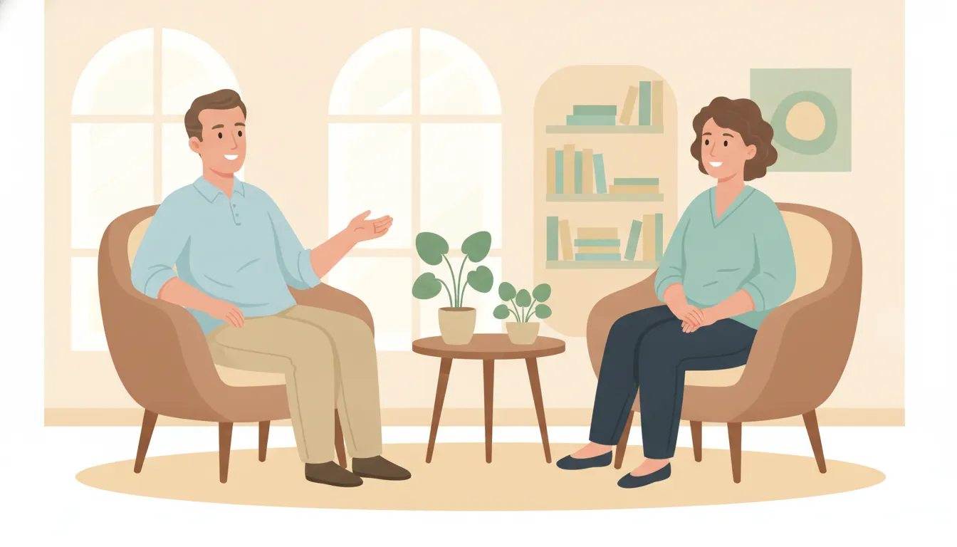 A middle-aged man in a calm, reassuring conversation with a female physician in a bright, private medical office